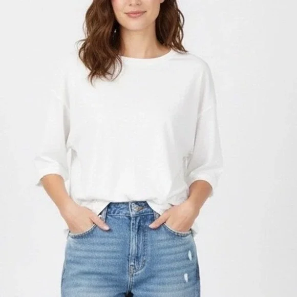 Madewell Crop T-Shirt Women Medium White Cotton Short Sleeve Side Slit Crew Neck - Picture 1 of 7